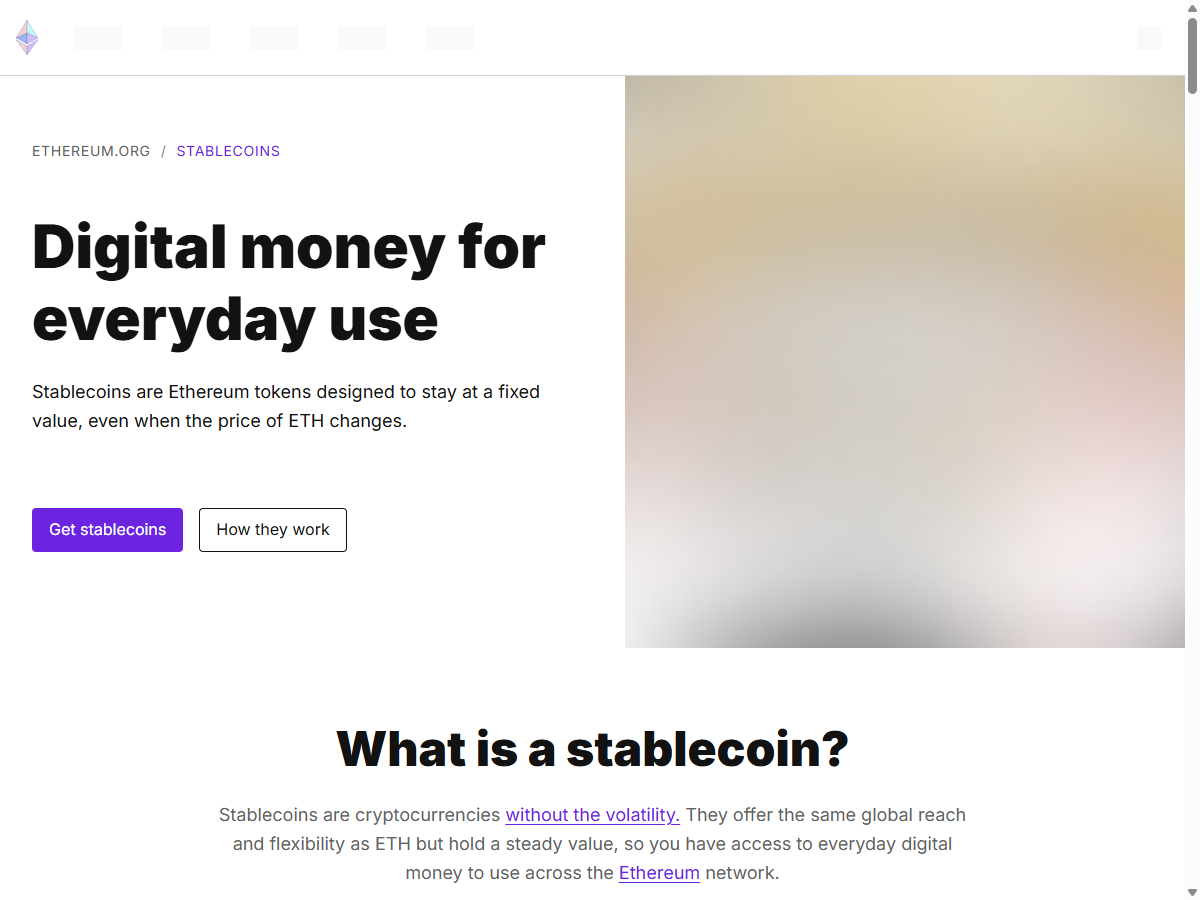 ethereum.org 稳定币文档页面，标题为 Digital money for everyday use，下方是什么是稳定币一节