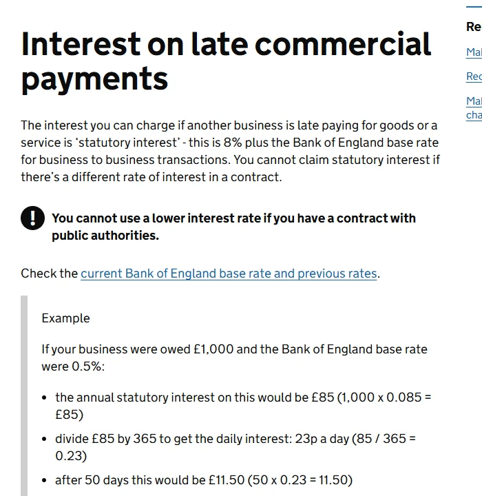 GOV.UK 页面 Interest on late commercial payments：企业之间逾期付款可以收取法定利息，为 8% 加英格兰银行基准利率，下方附欠款 1000 英镑时的计算示例