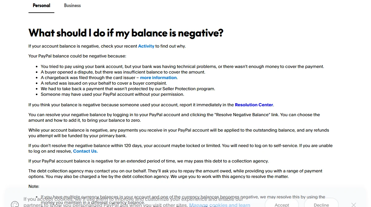 PayPal 美国帮助中心 What should I do if my balance is negative? 页面，列出了余额变成负数的几种常见原因